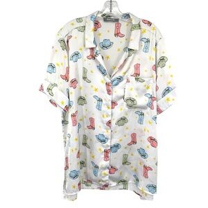 Blue B Western Cowboy Boots and Hats Print Oversized Satin Tunic Shirt